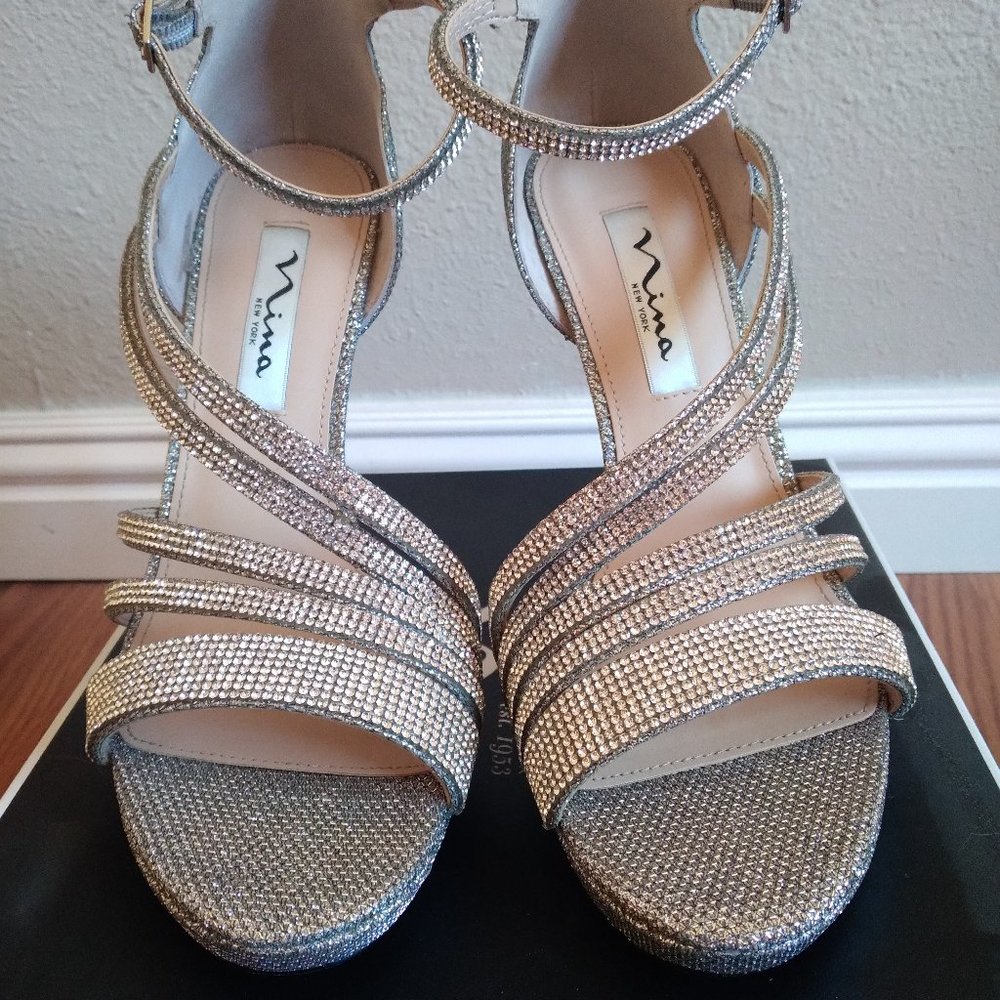 Nina Freyja Silver Strappy Metallic Rhinestone Stilleto Platform